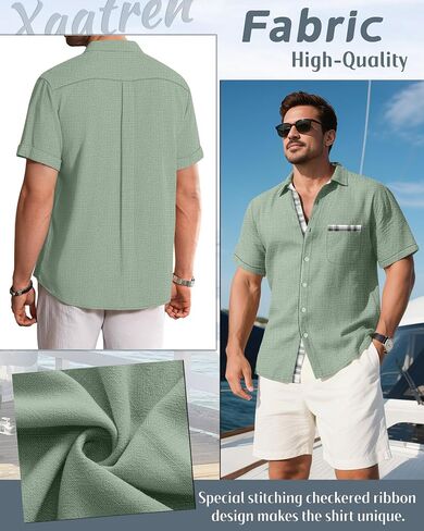 Men's Big and Tall Linen Shirts, Button Down Short Sleeve Summer Shirt Casual Cotton Beach Vacation Tops with Pocket in Saudi Arabia