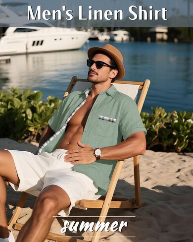 Men's Big and Tall Linen Shirts, Button Down Short Sleeve Summer Shirt Casual Cotton Beach Vacation Tops with Pocket in Saudi Arabia