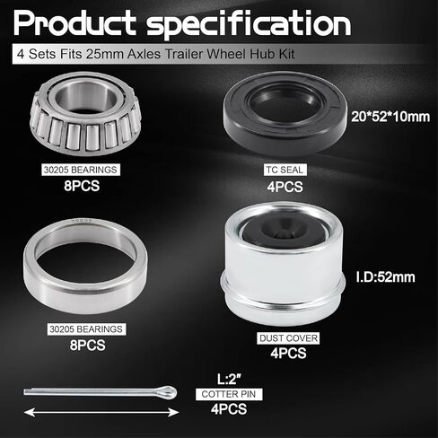 30205 Trailer Bearings kit,TC Seal(30x52x10mm),with OD 52mm Dust Cover and Cotter Pin for 25mm Axles Trailer Wheel Hub Kit(2 Sets) in Saudi Arabia