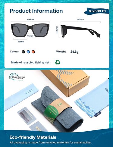 SOJOS Ocean Collection Polarized Sunglasses Men Square Recycled Fishing Net frame Eco-Friendly UV400 Shades, Pacific Ocean in Saudi Arabia