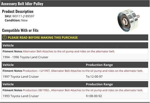 Accessory Belt Idler Pulley (Alternator/Oil Pump) - Compatible with 1993-1997 Toyota Land Cruiser (From 08-1992, Up To 12-00-1997) in Saudi Arabia