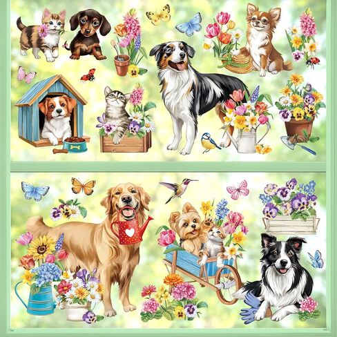 decalmile Spring Dog Cat Double Sided Window Clings Golden Retriever Puppy Kitty Garden Flower Anti-Collision Glass Doors Window Stickers Decals in Saudi Arabia