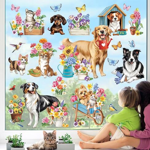 decalmile Spring Dog Cat Double Sided Window Clings Golden Retriever Puppy Kitty Garden Flower Anti-Collision Glass Doors Window Stickers Decals in Saudi Arabia