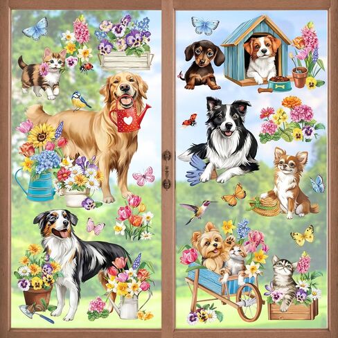 decalmile Spring Dog Cat Double Sided Window Clings Golden Retriever Puppy Kitty Garden Flower Anti-Collision Glass Doors Window Stickers Decals in Saudi Arabia