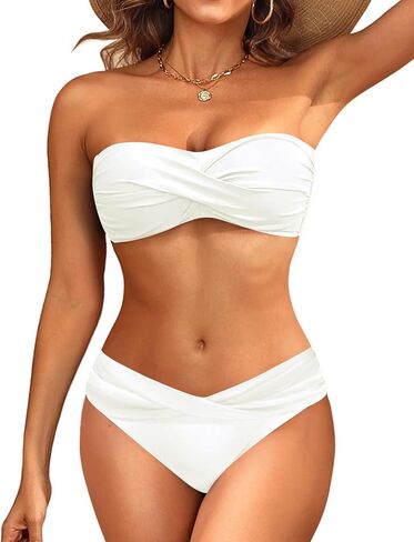 Women's Strapless Bandeau Bikini Set - Twist Front Two Piece Swimsuit with Side Tie Bathing Suit Bottom in Saudi Arabia