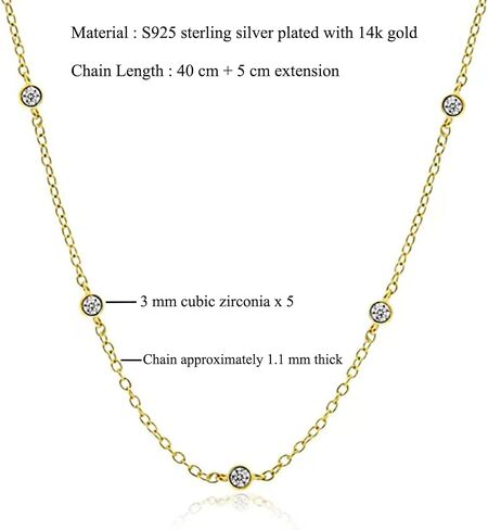 14K Gold Plated S925 Sterling Silver Brilliant Cut 5 Necklace Miamond Station Necklace 15.5-17.5 بوصة هدية قابلة للتعديل للنساء in Kuwait
