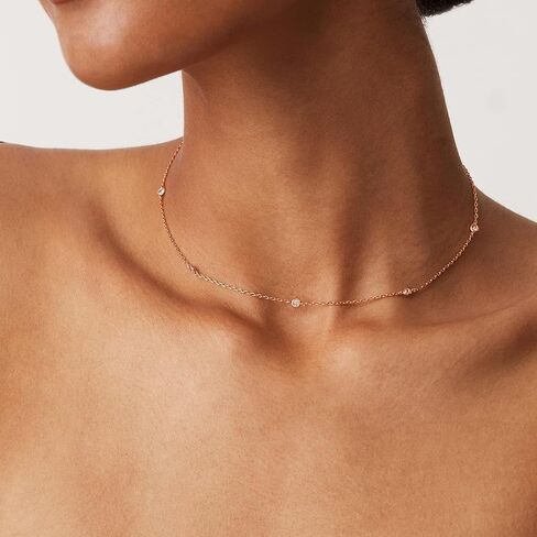 14K Gold Plated S925 Sterling Silver Brilliant Cut 5 Necklace Miamond Station Necklace 15.5-17.5 بوصة هدية قابلة للتعديل للنساء in Kuwait
