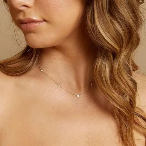 14K Gold Plated S925 Sterling Silver Brilliant Cut 5 Necklace Miamond Station Necklace 15.5-17.5 بوصة هدية قابلة للتعديل للنساء in Kuwait