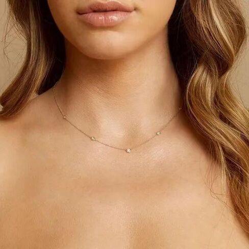14K Gold Plated S925 Sterling Silver Brilliant Cut 5 Necklace Miamond Station Necklace 15.5-17.5 بوصة هدية قابلة للتعديل للنساء in Kuwait