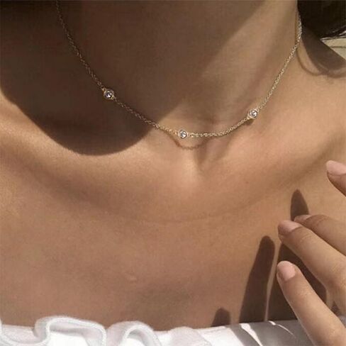 14K Gold Plated S925 Sterling Silver Brilliant Cut 5 Necklace Miamond Station Necklace 15.5-17.5 بوصة هدية قابلة للتعديل للنساء in Kuwait