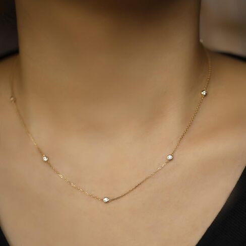 14K Gold Plated S925 Sterling Silver Brilliant Cut 5 Necklace Miamond Station Necklace 15.5-17.5 بوصة هدية قابلة للتعديل للنساء in Kuwait