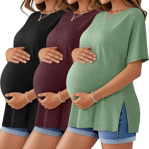 Huukeay 3 Pack Women's Maternity Shirts Loose Pregnancy Tops Split Side Crewneck Dolman Sleeve Casual Summer Tunic Top in Saudi Arabia