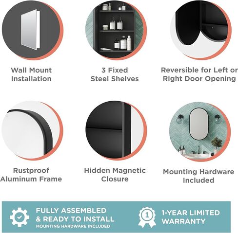 Zenna Home Designer Series Medicine Cabinet with 2 Shelves, 23.6" x 23.6" Round Bathroom Mirror Cabinet with Steel Body and Rustproof Aluminum Frame, Surface Mount Installation, Matte Black in Kuwait