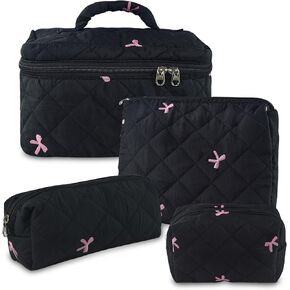 4Pcs Quilted Makeup Bag Set Cute Floral Cosmetic Bag Cotton Coquette Make up Bag Aesthetic Travel Toiletry Bag for Women Girls in Kuwait