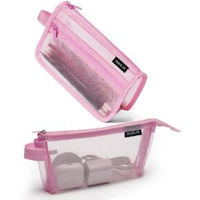 2-Pack Grid Mesh Pencil Case with Handle and Zipper, Double Layer Clear Large Capacity Pencil Pouch, Travel Makeup Bag and Small Toiletry Bag for Purse, College Essentials School Supplies (Black) in Saudi Arabia