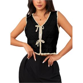 MakeMeChic Women's Contrast Binding V Neck Tie Front Sweater Vest Top Sleeveless Crochet Vest in Kuwait