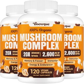 Mushroom Supplement, Brain Supplements for Memory and Focus, 20 in 1 Mushroom Complex with Lion's Mane, Reishi, Turkey Tail, Cordyceps, Shiitake, for Focus, Brian, Memory Supplement, 120 Capsules in Kuwait