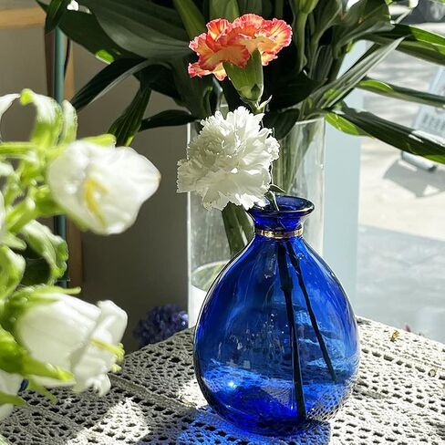 Glass Vase for Flowers, Rounded Small Blue Glass Vase for Home Decor Gift Centerpieces Events (Dark Blue & Gold)… in Saudi Arabia