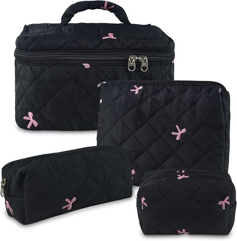 4Pcs Quilted Makeup Bag Set Cute Floral Cosmetic Bag Cotton Coquette Make up Bag Aesthetic Travel Toiletry Bag for Women Girls in Kuwait