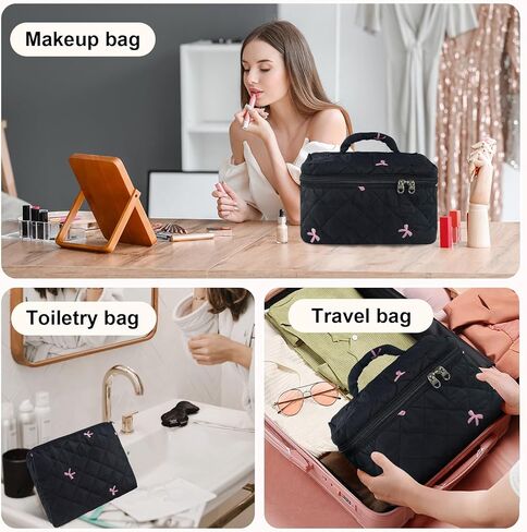 4Pcs Quilted Makeup Bag Set Cute Floral Cosmetic Bag Cotton Coquette Make up Bag Aesthetic Travel Toiletry Bag for Women Girls in Kuwait