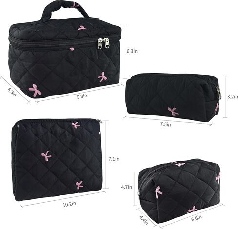 4Pcs Quilted Makeup Bag Set Cute Floral Cosmetic Bag Cotton Coquette Make up Bag Aesthetic Travel Toiletry Bag for Women Girls in Kuwait