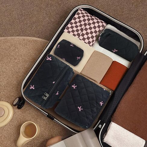 4Pcs Quilted Makeup Bag Set Cute Floral Cosmetic Bag Cotton Coquette Make up Bag Aesthetic Travel Toiletry Bag for Women Girls in Kuwait