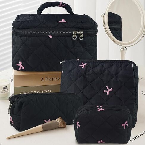 4Pcs Quilted Makeup Bag Set Cute Floral Cosmetic Bag Cotton Coquette Make up Bag Aesthetic Travel Toiletry Bag for Women Girls in Kuwait