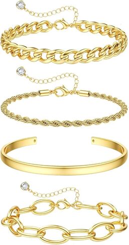 16k Chunky Gold Bracelets for Women Trendy Womens Gold Bracelet Stack Layered Chunky Chain Bracelets Waterproof Link Cuff Herringbone Bracelet Fashion Accessories Gifts for Women in Saudi Arabia