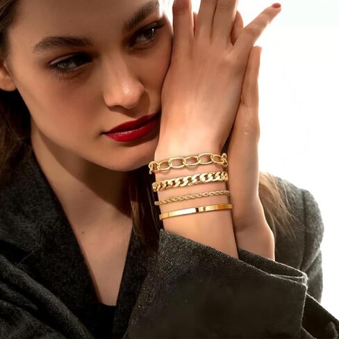 16k Chunky Gold Bracelets for Women Trendy Womens Gold Bracelet Stack Layered Chunky Chain Bracelets Waterproof Link Cuff Herringbone Bracelet Fashion Accessories Gifts for Women in Saudi Arabia