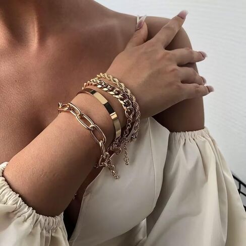 16k Chunky Gold Bracelets for Women Trendy Womens Gold Bracelet Stack Layered Chunky Chain Bracelets Waterproof Link Cuff Herringbone Bracelet Fashion Accessories Gifts for Women in Saudi Arabia