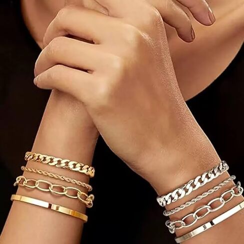 16k Chunky Gold Bracelets for Women Trendy Womens Gold Bracelet Stack Layered Chunky Chain Bracelets Waterproof Link Cuff Herringbone Bracelet Fashion Accessories Gifts for Women in Saudi Arabia