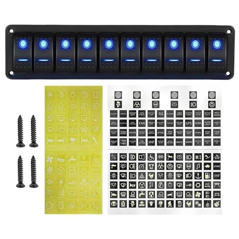 10 Gang Marine Aluminium Rocker Switch Panel ، Toggle Toggle Dash 12V/24V 5 PIN SPST ON/OFF ROCKER ROCKER مع الإضاءة الخلفية LED للسيارة RV ATV UTV Truck Jeep Yacht Ship (Blue) in Kuwait