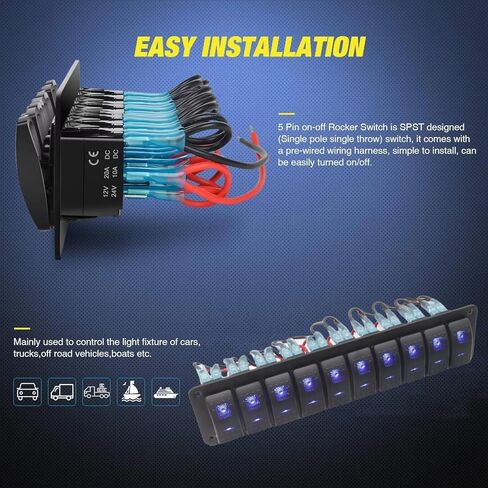10 Gang Marine Aluminium Rocker Switch Panel ، Toggle Toggle Dash 12V/24V 5 PIN SPST ON/OFF ROCKER ROCKER مع الإضاءة الخلفية LED للسيارة RV ATV UTV Truck Jeep Yacht Ship (Blue) in Kuwait