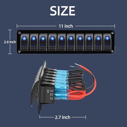 10 Gang Marine Aluminium Rocker Switch Panel ، Toggle Toggle Dash 12V/24V 5 PIN SPST ON/OFF ROCKER ROCKER مع الإضاءة الخلفية LED للسيارة RV ATV UTV Truck Jeep Yacht Ship (Blue) in Kuwait