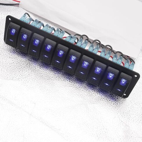 10 Gang Marine Aluminium Rocker Switch Panel ، Toggle Toggle Dash 12V/24V 5 PIN SPST ON/OFF ROCKER ROCKER مع الإضاءة الخلفية LED للسيارة RV ATV UTV Truck Jeep Yacht Ship (Blue) in Kuwait
