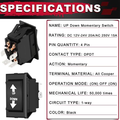 UP Down Momentary Reverse Polarity Switch DC 12V-24V 20A / AC 250V 15A DPDT RV Power Jack Switch 4Pin for 5th Wheel Tongue Trailer Stabilizer, with Panel Screw Terminal Wires Sheath in Saudi Arabia