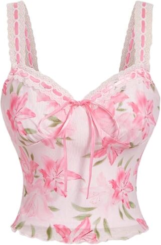 Milumia Women's Floral Print Sweetheart Neck Tank Top Tie Front Mesh Crop Summer Camisoles in Kuwait
