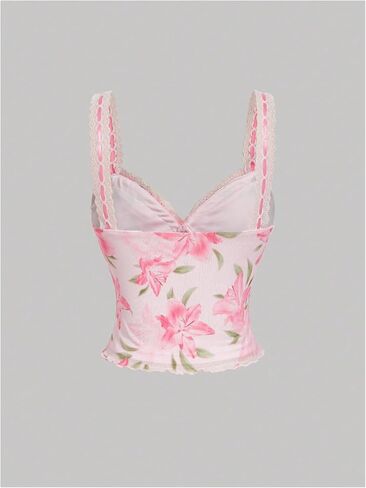Milumia Women's Floral Print Sweetheart Neck Tank Top Tie Front Mesh Crop Summer Camisoles in Kuwait