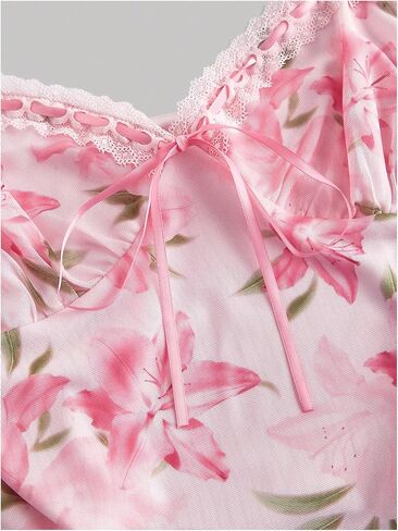 Milumia Women's Floral Print Sweetheart Neck Tank Top Tie Front Mesh Crop Summer Camisoles in Kuwait