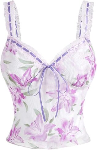 Milumia Women's Floral Print Sweetheart Neck Tank Top Tie Front Mesh Crop Summer Camisoles in Kuwait
