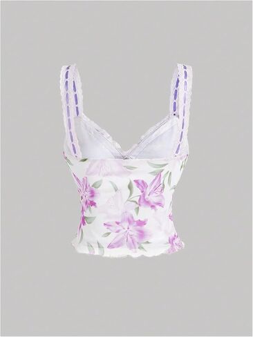 Milumia Women's Floral Print Sweetheart Neck Tank Top Tie Front Mesh Crop Summer Camisoles in Kuwait