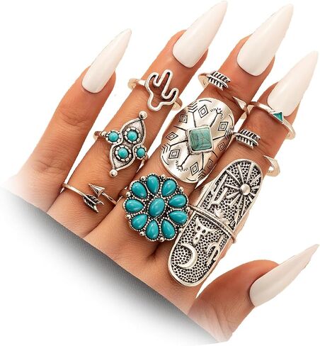 Bohemian Turquoise Ring Set for Women,Vintage Gem Turquoise Opal Joint Knuckle Stackable Rings Chunky Boho Midi Ring Pack Punk Silver Western Jewelry Mixed Size in Kuwait