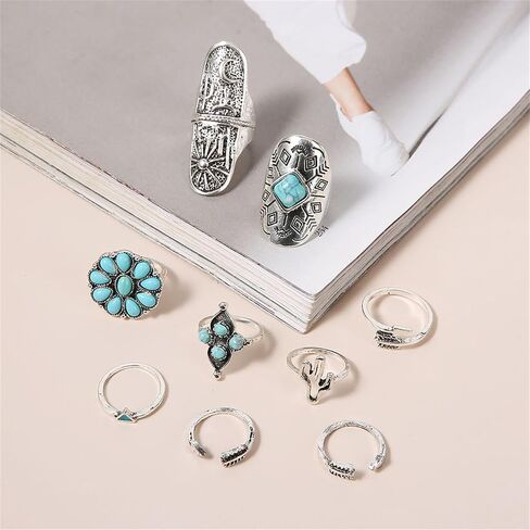 Bohemian Turquoise Ring Set for Women,Vintage Gem Turquoise Opal Joint Knuckle Stackable Rings Chunky Boho Midi Ring Pack Punk Silver Western Jewelry Mixed Size in Kuwait