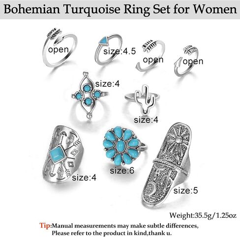 Bohemian Turquoise Ring Set for Women,Vintage Gem Turquoise Opal Joint Knuckle Stackable Rings Chunky Boho Midi Ring Pack Punk Silver Western Jewelry Mixed Size in Kuwait