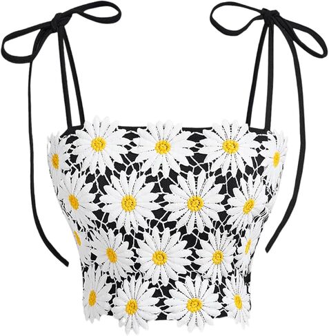 WDIRARA Women's Boho Daisy Floral Guipure Crop Top 3D Flower Tie Shoulder Square Neck Cute Cami Top in Saudi Arabia