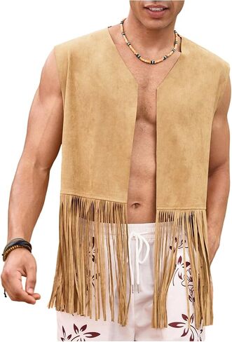 Men's Fringe Suede Vest Boho Tassel Open Front Sleeveless Western Jacket Outerwear 70s Outfits in Saudi Arabia