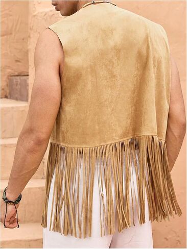 Men's Fringe Suede Vest Boho Tassel Open Front Sleeveless Western Jacket Outerwear 70s Outfits in Saudi Arabia