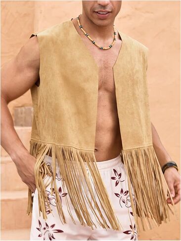 Men's Fringe Suede Vest Boho Tassel Open Front Sleeveless Western Jacket Outerwear 70s Outfits in Saudi Arabia