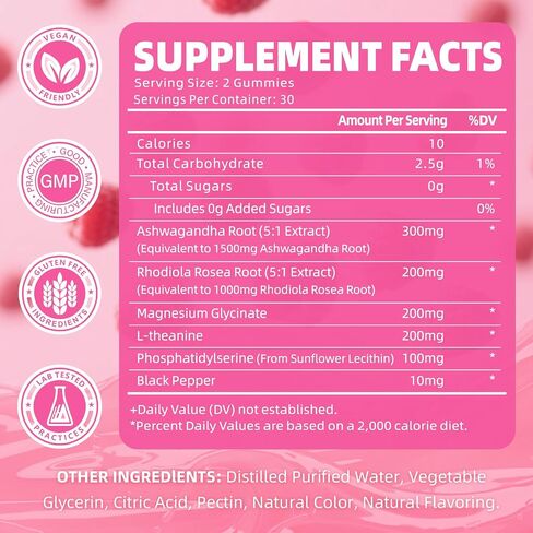 Cortisol Gummies for Women, Cortisol Supplements Gummies with Magnesium Ashwagandha Rhodiola Rosea and L-theanine Complex for Relaxation and Focus, Zzz Support, Raspberry Flavor, 60 Count in Saudi Arabia
