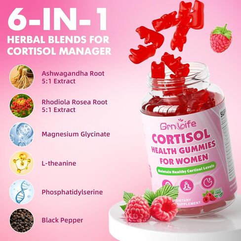 Cortisol Gummies for Women, Cortisol Supplements Gummies with Magnesium Ashwagandha Rhodiola Rosea and L-theanine Complex for Relaxation and Focus, Zzz Support, Raspberry Flavor, 60 Count in Saudi Arabia